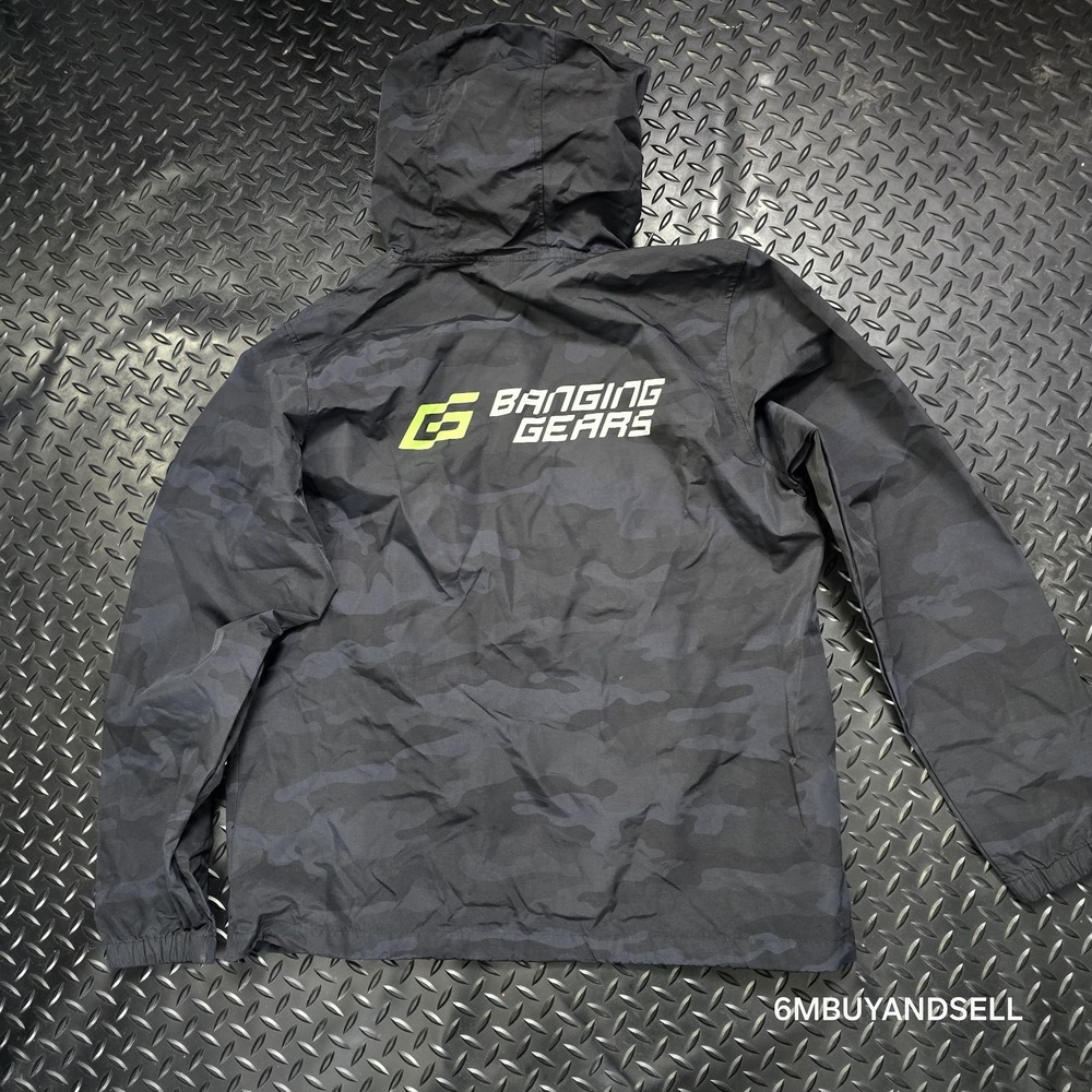 Banging Gears Camo Anorak‎ Jacket Large Black Nylon Hooded Windbreaker USA - Picture 2 of 10